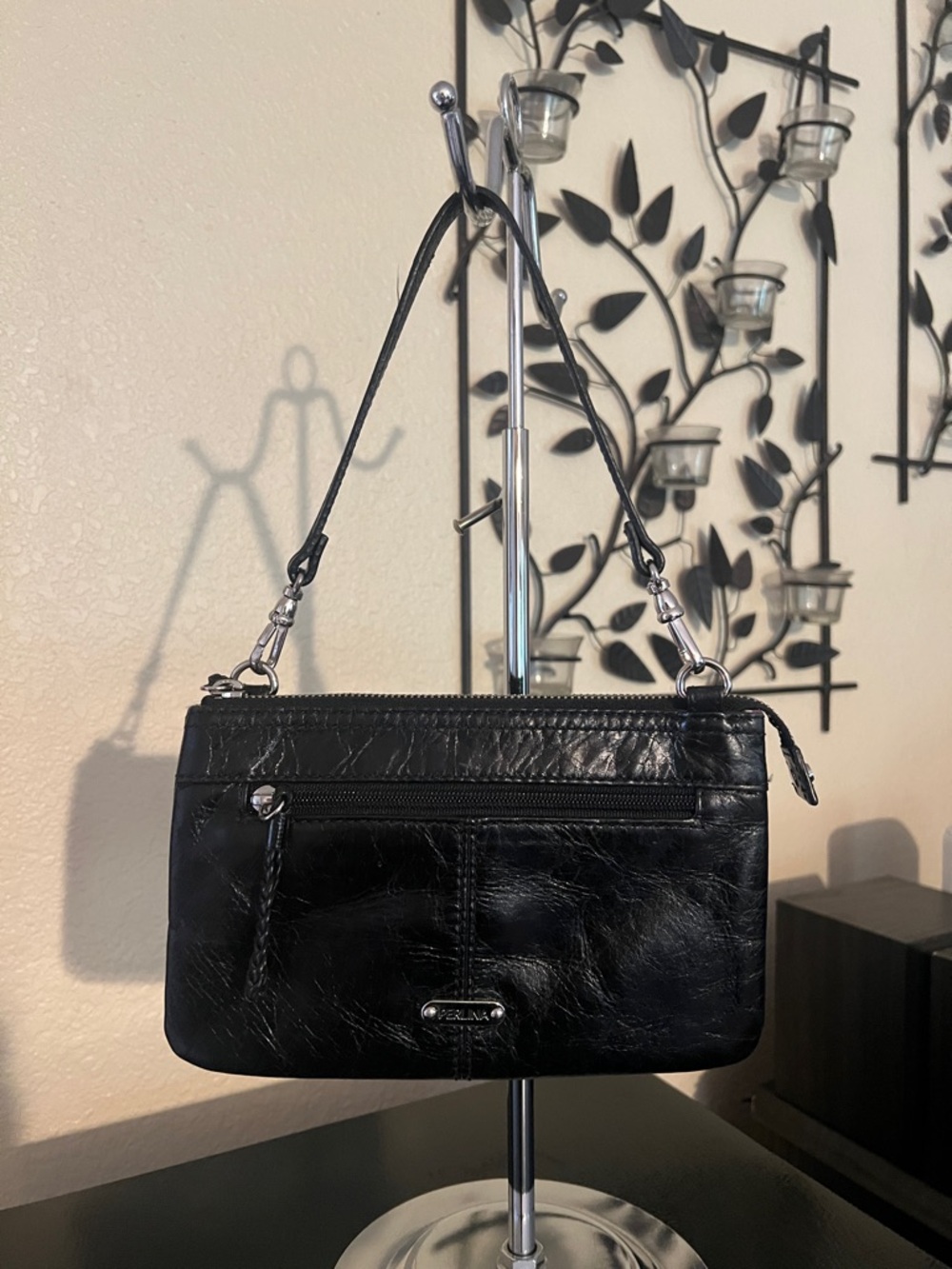 Perlina Black Leather Shoulder Bag with Silver Accents